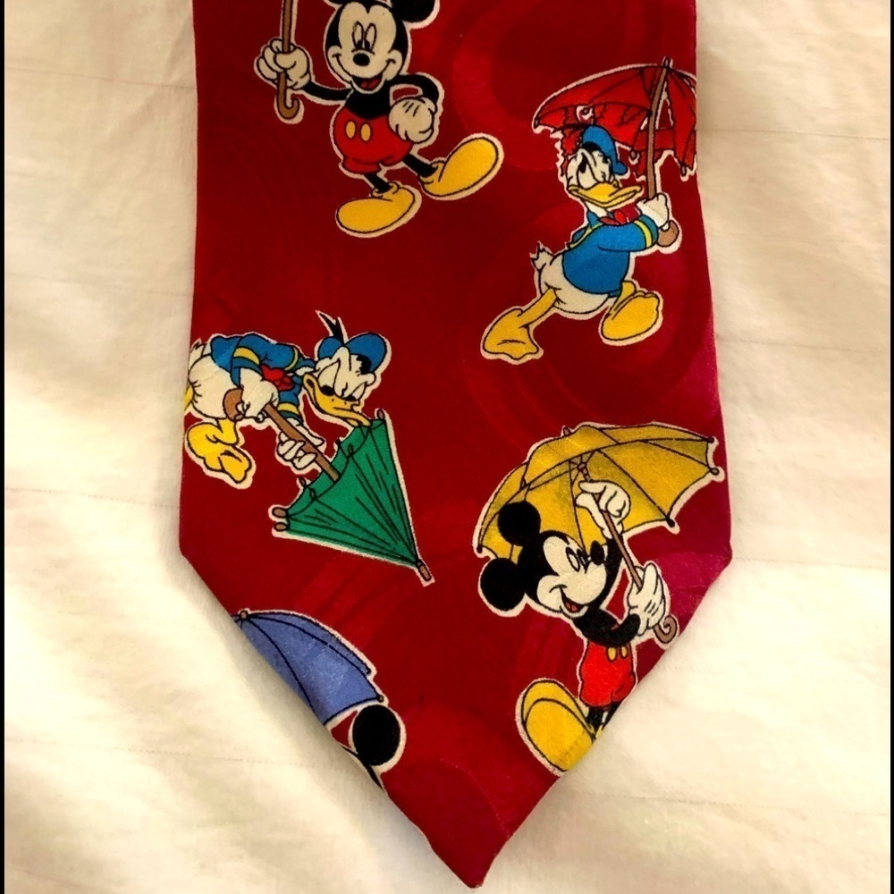 Micky Mouse & Donald Duck umbrella men’s vintage silk tie with red background